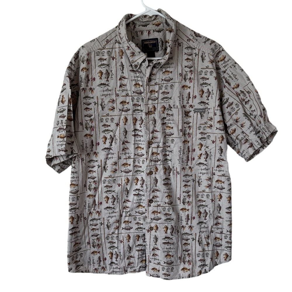 Woolrich Beige Button Up Fly Fish Fisherman Short Sleeve Collared Shirt 2X